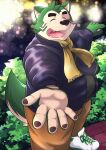 absurd_res anthro canid canine canis domestic_dog eyebrows fur green_body green_fur hi_res lifewonders live_a_hero male mammal mokdai nazebesu_hobby offering_hand overweight pawpads scarf smile solo thick_eyebrows