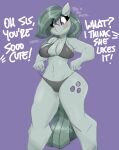 absurd_res anthro anthrofied big_breasts bikini blush breasts cleavage clothed clothing cutie_mark dialogue earth_pony english_text equid equine eyebrow_through_hair eyebrows eyelashes female figners flutter flutterthrash friendship_is_magic grey_body grey_hair grey_tail hair hasbro hi_res horse long_hair looking_down mammal marble_pie_(mlp) my_little_pony offscreen_character pony portrait purple_background purple_eyes simple_background solo standing swimwear text three-quarter_portrait translucent translucent_hair