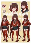  1girl :o black_sailor_collar blunt_bangs border brown_hair cropped_head cropped_shoulders danganronpa_(series) danganronpa_v3:_killing_harmony eye_focus frown full_body hair_ornament hair_scrunchie hairclip hands_on_own_hips harukawa_maki highres kirin_(suzoke_1) long_hair long_sleeves looking_at_viewer low_twintails miniskirt mole mole_under_eye multiple_views pleated_skirt red_eyes red_scrunchie red_shirt red_thighhighs sailor_collar school_uniform scrunchie shirt skirt smile thighhighs twintails wavy_mouth white_border zettai_ryouiki 