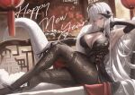  1girl absurdres armpits bare_shoulders black_dress black_footwear black_gloves black_horns black_pantyhose breasts china_dress chinese_clothes chinese_zodiac closed_mouth commentary_request dragon_print dragon_tail dress elbow_gloves foot_out_of_frame gloves grey_hair happy_new_year high_heels highres horns large_breasts long_hair looking_at_viewer original pantyhose red_eyes signature sitting solo tail yabacha year_of_the_dragon 