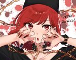  1girl black_headwear black_shirt chunmarupi claw_pose collar hecatia_lapislazuli highres looking_at_viewer multicolored_background nail_polish open_mouth red_eyes red_hair shirt solo touhou 