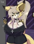 absurd_res anthro big_breasts big_butt breasts butt canid canine clothed clothing detailed_background digital_media_(artwork) dress electronics fay_(fennythefox) female fennec fennythefox fox fur goth hair hi_res huge_breasts huge_butt huge_thighs looking_at_viewer mammal phone short_stack simple_background smile smirk solo tail thick_thighs topwear