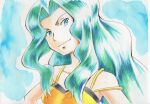  1girl bare_arms bare_shoulders blue_eyes blue_hair breasts camisole collarbone iwane_masaaki karen_(pokemon) light_blue_hair long_hair medium_breasts parted_bangs pokemon pokemon_hgss solo spaghetti_strap wavy_hair yellow_camisole 