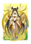  1girl adapted_costume bikini black_hair chaya_mago duel_monster full_body head_wings highres holding holding_shield holding_sword holding_weapon long_hair ohime_the_manifested_mikanko shield signature solo swimsuit sword twintails very_long_hair weapon wings yellow_eyes yu-gi-oh! 
