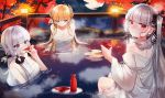  anthropomorphism autumn azur_lane blonde_hair blue_eyes blush clouds drink formidable_(azur_lane) illustrious_(azur_lane) leaves long_hair moon night onsen red_eyes sake sky stars tagme_(artist) towel twintails victorious_(azur_lane) water white_hair 