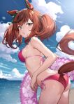  1girl animal_ears ass bare_arms bare_shoulders beach bikini blush breasts brown_hair commentary_request cowboy_shot day ear_covers grey_eyes halterneck highres horse_ears horse_girl horse_tail innertube kurumiyasan_ns medium_breasts medium_hair multicolored_hair nice_nature_(umamusume) ocean open_mouth outdoors red_bikini red_hair side-tie_bikini_bottom sideboob solo string_bikini swimsuit tail two-tone_hair two_side_up umamusume 