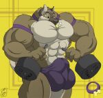 2009 anthro big_bulge bone brown_body brown_fur bulge canid canine canis clothing collar digital_media_(artwork) domestic_dog exercise fur german_shepherd herding_dog huge_abs huge_biceps huge_bulge huge_pecs juano male mammal muscular muscular_anthro muscular_male pastoral_dog purple_clothing purple_underwear solo standing tanz underwear weightlifting workout yellow_eyes