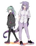  2girls alternate_costume black_footwear black_jacket black_pants commentary_request contrapposto dragon_claw dragon_girl dragon_tail finana_ryugu full_body glasses gradient_shadow green_hair hair_over_one_eye hands_in_pockets head_wings heterochromia highres jacket kyouno long_sleeves looking_at_another multiple_girls nijisanji nijisanji_en pants pink_eyes ponytail purple_footwear purple_pants selen_tatsuki shoes short_sleeves sidelocks simple_background sneakers tail walking white_background wings 