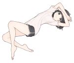  1girl 1ssakawaguchi arms_up barefoot black_eyes black_hair black_shorts blunt_bangs blush bob_cut closed_mouth commentary_request dolphin_shorts highres ichika_(1ssakawaguchi) knee_up looking_at_viewer lying on_back original shirt short_hair short_shorts short_sleeves shorts smile solo white_shirt 