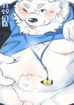 absurd_res anthro belly blep blue_eyes blush canid canine canis clothed clothing clothing_lift domestic_dog flaccid fupa fur genitals hi_res lifewonders live_a_hero male mammal maysnowos moobs navel nipples nordic_sled_dog one_eye_closed overweight penis penis_base pinching_belly samoyed shirt shirt_lift solo spitz tongue tongue_out topwear white_body white_fur wink yohack