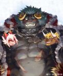  1boy bara bare_pectorals blue_hair blush censored character_censor christmas collaboration curled_horns demon_boy furry furry_male grey_fur highres horns krampus_(housamo) large_pectorals long_sideburns male_focus mature_male muscular muscular_male novelty_censor official_alternate_costume one_eye_closed original pectorals red_headwear santa_costume scar scar_across_eye scar_on_chest short_hair shy sideburns solo sweat thick_eyebrows tokyo_afterschool_summoners tusks uken_l undressing upper_body zong_wumi 