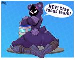 absurd_res angry anthro anus barefoot05 bear breasts butt clothing dialogue digital_media_(artwork) english_text epic_games female footwear fortnite fur genitals hi_res looking_at_viewer looking_back mammal nipples nude purple_body pussy raven_team_leader rear_view shoes simple_background solo tail text