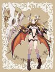  1girl blonde_hair breasts chaya_mago dragon_wings duel_monster ecclesia_(yu-gi-oh!) facial_mark fake_horns forehead_mark full_body goggles goggles_around_neck hair_down hammer highres holding holding_hammer horns incredible_ecclesia_the_virtuous long_hair low_wings purple_eyes shoes skull slingshot_swimsuit socks solo swimsuit wings yu-gi-oh! 