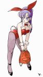  1girl animal_ears ankle_strap armpit_crease backpack bag bare_arms bent_over black_footwear blunt_bangs bow bowtie breasts bulma cleavage closed_mouth detached_collar dragon_ball dragon_ball_(classic) expressionless eyelashes fake_animal_ears full_body grey_pantyhose hair_behind_ear high_heels highres holding holding_bag kakeru_(dbskakeru) large_breasts legs_apart leotard long_hair looking_at_viewer orange_bag pantyhose playboy_bunny purple_eyes purple_hair rabbit_ears rabbit_tail red_bow red_bowtie red_leotard shoes simple_background solo standing straight_hair strappy_heels tail tareme white_background white_wrist_cuffs wrist_cuffs 