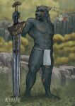 absurd_res anthro big_sword blaidd_(elden_ring) canid canine canis clothed clothing elden_ring fromsoftware front_view greatsword hi_res holding_object holding_sword holding_weapon loincloth_only male mammal melee_weapon mlerrhe mostly_nude muscular muscular_anthro muscular_male outside partially_clothed pecs scar shirtless solo standing strip_game sword warrior weapon wolf