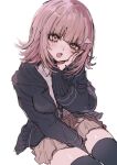  1girl :o between_legs black_jacket black_thighhighs breasts brown_skirt danganronpa_(series) danganronpa_2:_goodbye_despair hand_between_legs hand_on_own_cheek hand_on_own_face hand_up jacket large_breasts medium_hair miniskirt nanami_chiaki open_clothes open_jacket open_mouth pink_eyes pleated_skirt ru-pe_(gstm_0915) shiny_skin shirt_tucked_in simple_background skirt solo spaceship_hair_ornament thighhighs white_background 