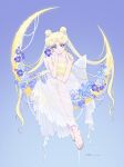  1girl back_bow barefoot bishoujo_senshi_sailor_moon blonde_hair blue_eyes blue_flower bow breasts cleavage commission crescent crescent_earrings crescent_facial_mark dress earrings facial_mark flower forehead_mark highres jewelry long_dress long_hair parted_bangs pink_nails princess_serenity see-through see-through_dress sidney_deng sitting solo tsukino_usagi very_long_hair white_dress 