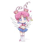  1girl bishoujo_senshi_sailor_moon blue_eyes blue_sailor_collar blue_skirt boots bow bowtie chibi_chibi choker double_bun earrings full_body gloves hair_bun heart heart-shaped_hair heart_earrings holding holding_staff jewelry magical_girl pink_bow pink_bowtie pink_choker pink_hair pleated_skirt puffy_short_sleeves puffy_sleeves sailor_chibi_chibi sailor_collar short_hair short_sleeves sidney_deng skirt smile solo staff white_background white_footwear white_gloves 