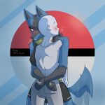 abstract_background absurd_res ambiguous_gender anthro athletic_wear blue_body blue_fur blush bottomwear breath canid canine clothed clothing duo embrace exercise_clothing female firaafterdark fur generation_4_pokemon hand_spike hi_res hug human larger_female lucario mammal motion_lines nintendo panting pokeball pokemon pokemon_(species) simple_background size_difference smile smirk spikes spikes_(anatomy) tail tail_motion tailwag topwear white_body