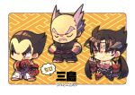  3boys balding belt black_hair black_pants chain chest_tattoo closed_eyes closed_mouth devil_jin dougi facial_hair forehead_jewel gloves kazama_jin kotorai male_focus mishima_heihachi mishima_kazuya multiple_boys mustache pants purple_belt red_gloves shoulder_tattoo smile tattoo tekken thick_eyebrows topless_male translation_request v-shaped_eyebrows white_pants yellow_eyes 