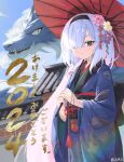  1girl 2024 absurdres alternate_costume black_eyes blue_archive blue_kimono blush chinese_zodiac closed_mouth colored_inner_hair commentary grey_hair hair_over_one_eye halo highres japanese_clothes kenma_pro kimono long_bangs long_hair long_sleeves looking_at_viewer multicolored_hair obi oil-paper_umbrella pink_hair plana_(blue_archive) red_halo red_pupils red_umbrella sash signature solo translation_request two-tone_hair umbrella very_long_hair year_of_the_dragon 