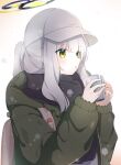  1girl black_scarf blue_archive blush cup gradient_background green_eyes green_halo green_jacket grey_hair grey_headwear halo hare_(blue_archive) hare_(camp)_(blue_archive) hat highres holding holding_cup jacket long_hair long_sleeves official_alternate_costume parted_lips ponytail preste scarf solo upper_body 