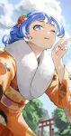 1girl absurdres alternate_costume alternate_hairstyle blue_eyes blue_hair blue_sky boku_no_hero_academia cloud day fengling_(furin-jp) flower hadou_nejire hair_flower hair_ornament hand_up highres japanese_clothes kimono looking_at_viewer one_eye_closed orange_kimono outdoors outstretched_arm reaching reaching_towards_viewer selfie sky solo tongue tongue_out torii v 
