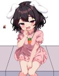  1girl 999_(hansode) animal_ears black_hair blush carrot_necklace color_guide commentary dress feet_out_of_frame hair_between_eyes inaba_tewi jewelry looking_at_viewer necklace open_mouth pink_dress pixel_art rabbit_ears red_eyes short_hair short_sleeves sitting smile solo touhou 