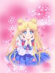  1girl bishoujo_senshi_sailor_moon blonde_hair blue_eyes blue_sailor_collar blue_skirt bow commentary double_bun english_commentary falling_petals hair_bun highres jewelry juuban_middle_school_uniform long_sleeves meme necklace petals pink_background pleated_skirt red_bow sailor_collar school_uniform serafuku shirt sidney_deng signature skirt smile solo tsukino_usagi twintails usagi_pink_challenge_(meme) white_shirt 