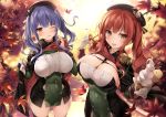  2girls anthropomorphism autumn azur_lane breasts cleavage jpeg_artifacts karory pola_(azur_lane) thighhighs uniform zara_(azur_lane) 