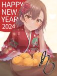  1girl absurdres asymmetrical_bangs brown_eyes brown_hair closed_mouth commentary_request elbows_on_table flower food fruit fruit_bowl fruit_print hair_between_eyes hair_flower hair_ornament halya_meri happy_new_year highres japanese_clothes kimono looking_at_viewer mandarin_orange misaka_mikoto print_kimono red_flower red_kimono signature simple_background sitting smile solo toaru_kagaku_no_railgun toaru_majutsu_no_index wide_sleeves 