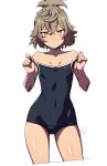  1girl absurdres artist_name bare_shoulders batta_16-sei blush breasts closed_mouth competition_swimsuit covered_navel covered_nipples cowboy_shot felsi_rollo gundam gundam_suisei_no_majo highres light_brown_hair looking_at_viewer one-piece_swimsuit short_hair simple_background small_breasts solo swimsuit undressing white_background yellow_eyes 