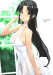  arm_at_side artist_name bare_shoulders black_hair breasts brown_eyes cleavage dress from_side hand_in_own_hair kashiwagi_chizuru kizuato long_hair looking_at_viewer parted_bangs parted_lips see-through see-through_cleavage see-through_dress sideboob sidelocks tsuina turtleneck_dress upper_body vegetation white_dress window 