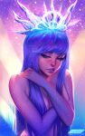  artist_name ayya_sap character_request copyright_request crown eyebrows_hidden_by_hair long_hair looking_at_viewer nude purple_eyes purple_hair purple_lips sparkle sparkle_background straight_hair tiara upper_body very_long_hair 