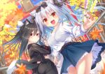  2girls animal_ears anthropomorphism autumn azur_lane black_hair blush bow breasts clouds fang food foxgirl garter_belt leaves long_hair orange_eyes pink_eyes ponytail shigure_(azur_lane) skirt sky tail tsukiman twintails yukikaze_(azur_lane) 