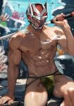  1boy abs air_bubble algernon_(housamo) bara blurry blurry_background bubble bulge camouflage_swimsuit colored_sclera commentary_request coral feet_out_of_frame helmet holding large_pectorals looking_ahead male_focus male_swimwear muscular muscular_male navel nipples official_alternate_costume pectorals print_male_swimwear red_eyes sitting solo stomach tass_commuovere thick_thighs thighs tokyo_afterschool_summoners topless_male underwater v-taper yellow_sclera 