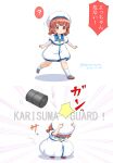  1girl blue_sailor_collar bow brown_eyes brown_hair charisma_guard commentary_request depth_charge dress drum_(container) hair_rings hat kaiboukan_no._4_(kancolle) kantai_collection long_hair low_twintails masara_(chuujou) multiple_views sailor_collar sailor_dress sailor_hat smile squatting translation_request twintails white_dress white_headwear yellow_bow 