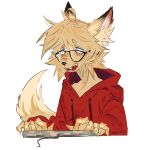 ambiguous_gender anthro blue_eyes blush circle_eyebrows clothing eyebrows eyewear fluflufluflufen glasses hi_res hoodie keyboard open_mouth red_clothing red_hoodie red_topwear simple_background solo teeth topwear white_background