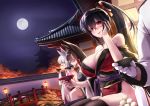  akagi_(azur_lane) akatsuki_akane animal_ears anthropomorphism azur_lane black_hair blush brown_hair building commander_(azur_lane) drink foxgirl gloves group japanese_clothes kaga_(azur_lane) long_hair male moon night ponytail red_eyes sake short_hair sky taihou_(azur_lane) thighhighs white_hair 