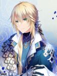  1boy black_gloves black_undershirt blonde_hair blue_background blue_robe blue_shirt cape closed_mouth copyright_name cross cross_necklace dairoku_ryouhei del_depths elche_non falling_petals floral_background gloves gold_trim green_eyes hair_between_eyes hair_ornament jewelry latin_cross long_sleeves looking_at_viewer low_ponytail male_focus necklace petals robe rose_background shirt side_cape sidelocks smile solo turtleneck two-tone_gloves undershirt upper_body white_cape white_gloves 