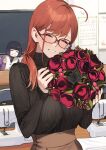  2girls 92m ^_^ absurdres ahoge black_sweater bouquet breasts closed_eyes commentary_request flower glasses highres holding holding_bouquet large_breasts mature_female medium_hair multiple_girls original red-framed_eyewear red_flower red_hair sanako_(92m) smile sweater wreath 