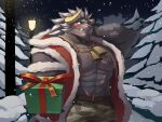  1boy abs averting_eyes bara bare_pectorals bare_tree blue_hair blush camouflage camouflage_pants chain_necklace christmas cowboy_shot curled_horns demon_boy furry furry_male gift grey_fur highres holding holding_gift horns incoming_gift jewelry krampus_(housamo) large_pectorals long_sideburns male_focus mature_male muscular muscular_male necklace official_alternate_costume pants pectorals racesolar red_headwear santa_costume scar scar_across_eye scar_on_chest short_hair shy sideburns snowing solo strongman_waist thick_eyebrows tokyo_afterschool_summoners tree tusks 