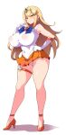  1girl absurdres bishoujo_senshi_sailor_moon blonde_hair breasts choker closed_mouth cosplay covered_navel covered_nipples earrings full_body gloves highres huge_breasts jewelry konno_tohiro long_hair looking_at_viewer mythra_(xenoblade) orange_choker orange_eyes orange_footwear orange_sailor_collar orange_skirt sailor_collar sailor_senshi_uniform sailor_venus sailor_venus_(cosplay) shoes simple_background skirt smile solo standing swept_bangs thigh_strap thighs white_background white_gloves xenoblade_chronicles_(series) xenoblade_chronicles_2 