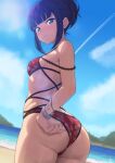  1girl absurdres ass beach bikini birthday black_hair blue_sky blunt_bangs blush bracelet breasts cloud cloudy_sky commentary_request green_eyes hair_bun highres jewelry kurosawa_dia long_hair looking_at_viewer love_live! love_live!_sunshine!! mole mole_under_mouth sidelocks sky small_breasts solo swimsuit upper_body zanpon 