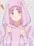  1girl alternate_costume blunt_bangs blush bow brown_eyes carrot closed_mouth commentary_request english_text eyelashes grid_background hands_up highres hood hood_up kana_(kanna_runa0620) lacey_(pokemon) long_sleeves looking_at_viewer onesie pokemon pokemon_sv sleeves_past_wrists solo 