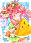  1girl bare_shoulders bikini brown_headwear cantaloupe cantaloupe_slice closed_eyes closed_mouth dragalia_lost ekra flower food food_on_face fruit green_bikini hair_flower hair_ornament hat heart highres holding holding_food holding_fruit long_hair notte_(dragalia_lost) official_alternate_costume official_alternate_hairstyle pink_hair smile solo sun_hat swimsuit 