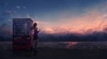  beach black_hair clouds coca_cola drink long_hair original scenic school_uniform sky stars sunset water yingsu_jiang 