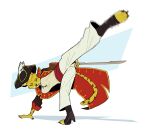 absurd_res acrobatics anthro boots capoeira cheetah clothing coat eyes_closed felid feline female footwear hair hi_res kick mammal melee_weapon pirate pirate_hat pirate_outfit red_clothing red_coat red_topwear ruffu short_hair solo sword toeless_boots toeless_footwear toeless_heels topwear weapon