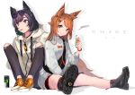  2girls animal_ears brown_eyes brown_hair drink food foxgirl green_eyes long_hair original pocky purple_hair sakuhiko short_hair signed sunglasses tail 