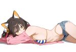  1girl ai-generated animal_ear_fluff animal_ears bikini bikini_under_clothes blue_archive blue_shorts breasts brown_hair denim denim_shorts flower fox_ears fox_girl hair_flower hair_ornament highres izuna_(blue_archive) izuna_(swimsuit)_(blue_archive) looking_at_viewer midriff myuto12345 navel open_fly short_hair short_shorts shorts simple_background solo striped striped_bikini swimsuit unzipped white_background yellow_eyes 